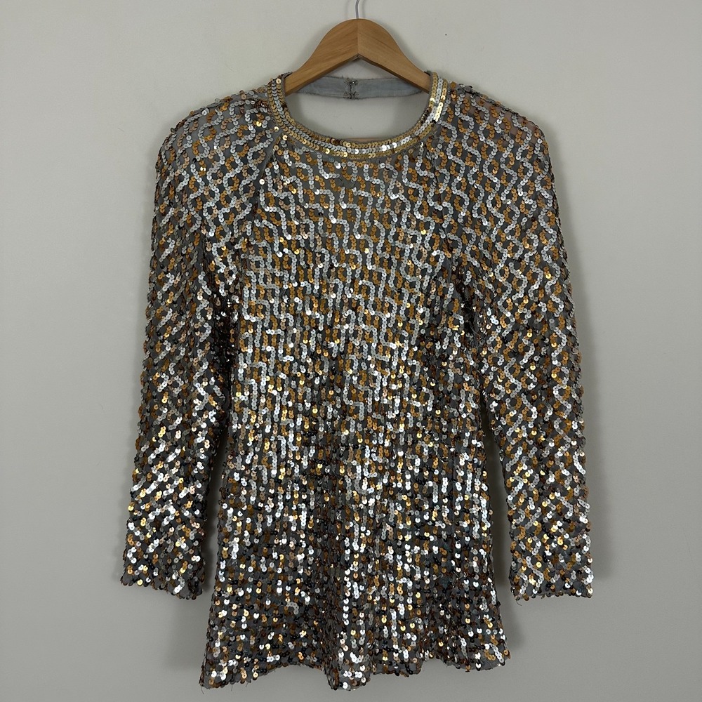 Partique New York Sequin Dress 8 Long Sleeve True VTG USA Party Gold Silver